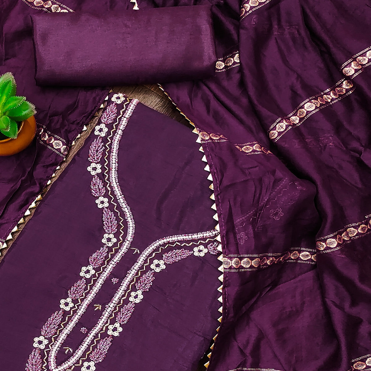 Wine Hand Embroidered Cotton Blend Dress Material