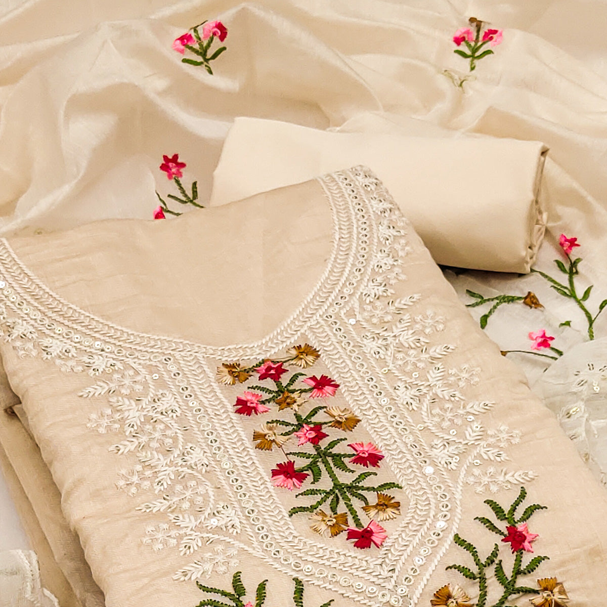 Beige Chanderi Cotton Dress Material With Elegant Floral Sequin Embroidery