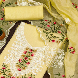 Yellow Chanderi Cotton Dress Material With Elegant Floral Sequin Embroidery