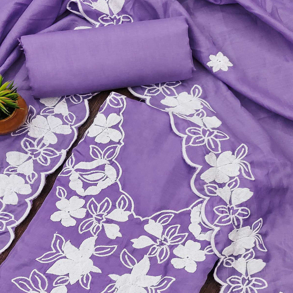 Lavender Floral Embroidered Cotton Blend Dress Material