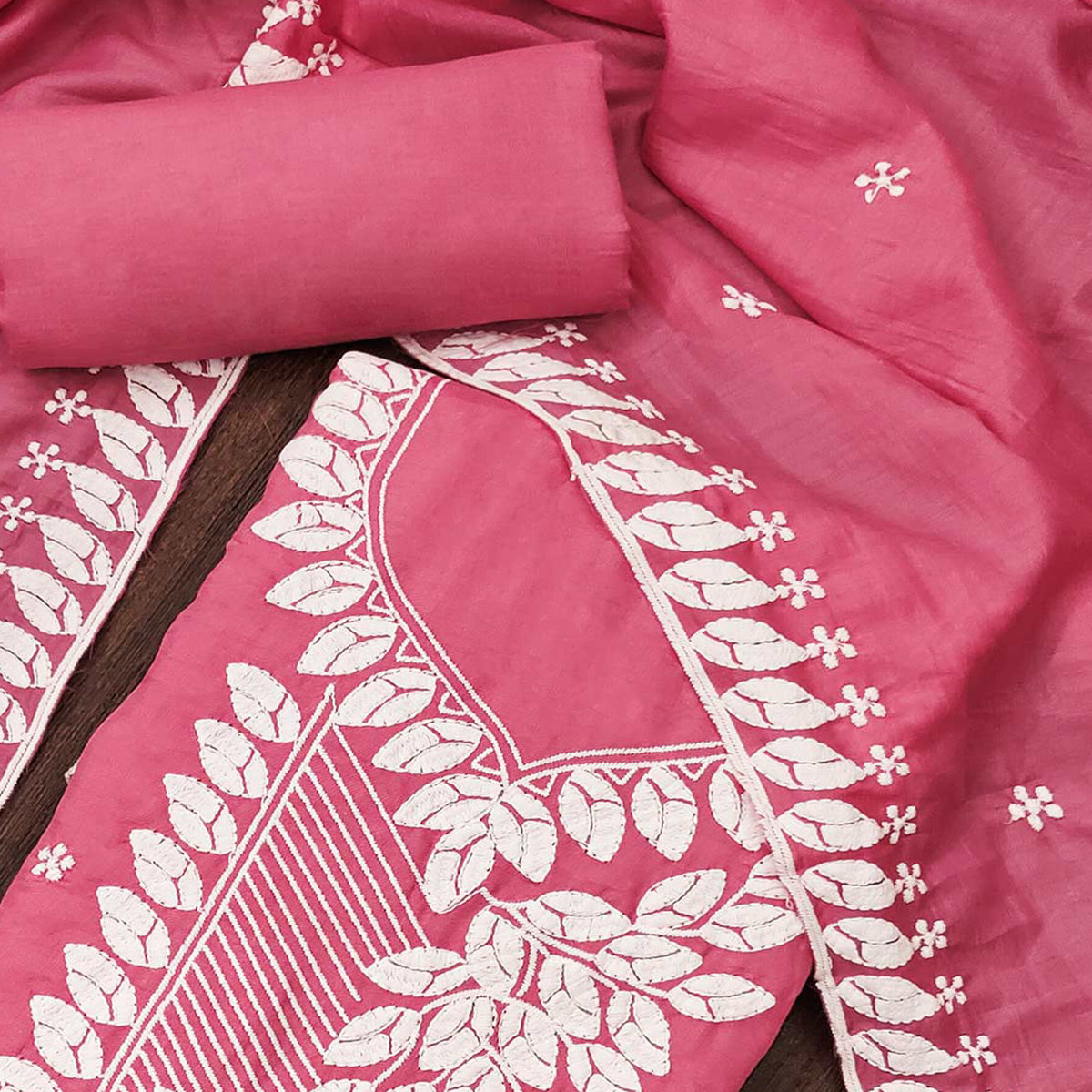 Gajari Pink Floral Embroidered Cotton Blend Dress Material