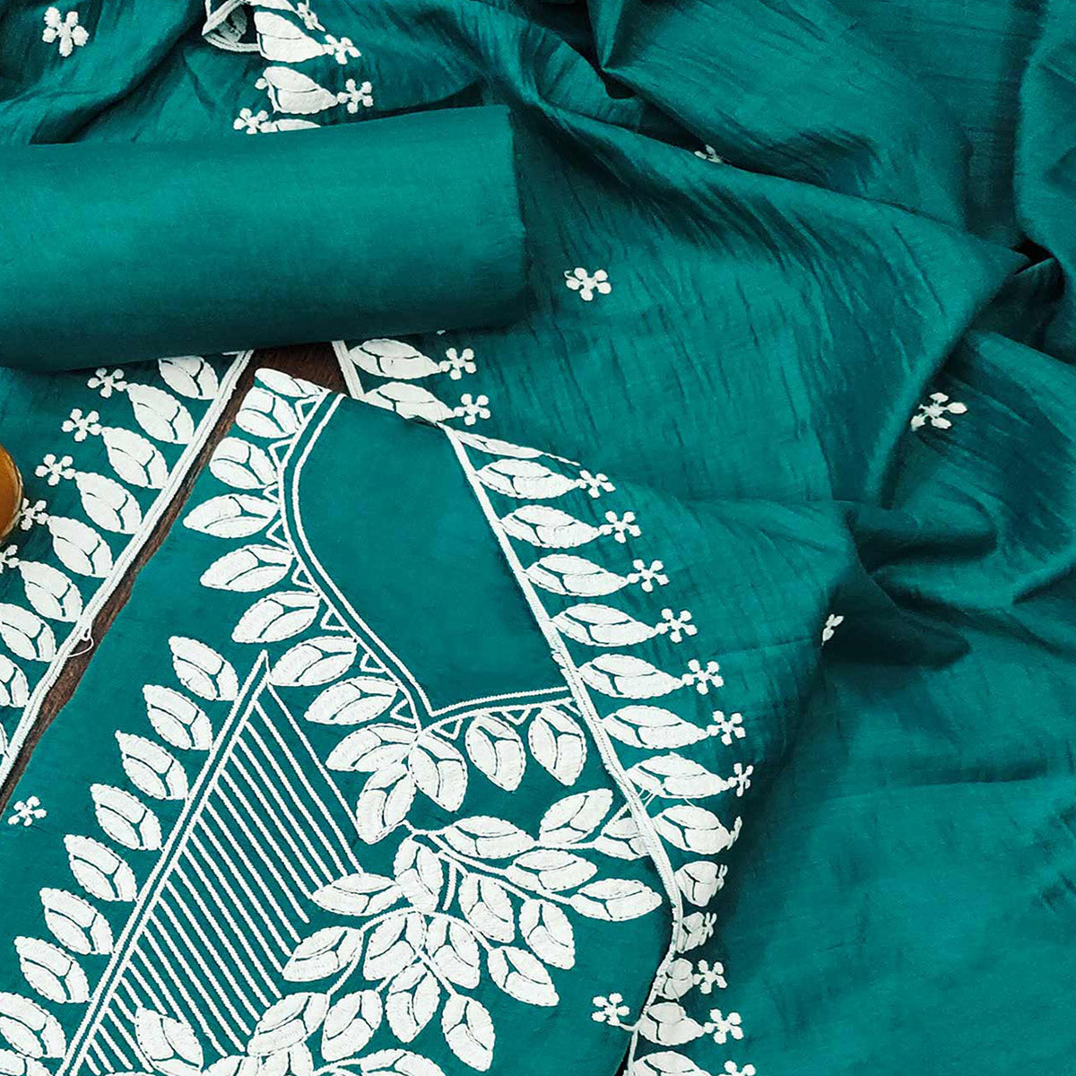 Teal Floral Embroidered Cotton Blend Dress Material