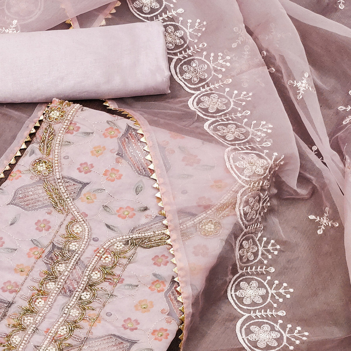 Light Pink Floral Embroidered With Handwork Organza Dress Material