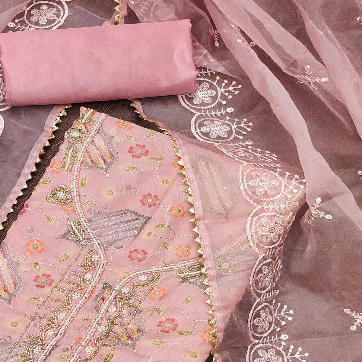 Pink Floral Embroidered With Handwork Organza Dress Material