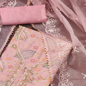 Pink Floral Embroidered With Handwork Organza Dress Material