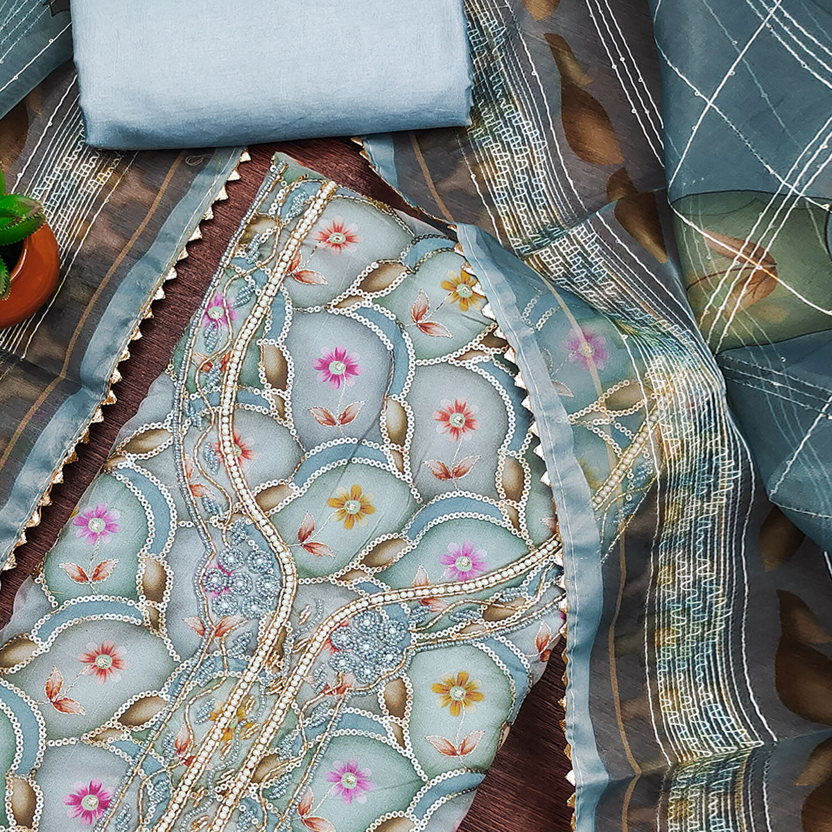 Blue Floral Printed Organza Dress Material With Sequins Embroidery & Handwork