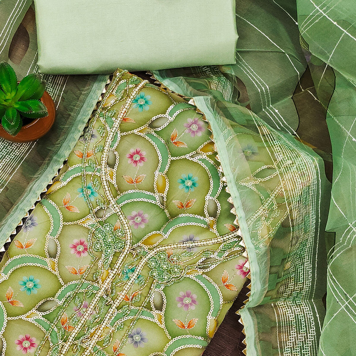 Green Floral Printed Organza Dress Material With Sequins Embroidery & Handwork