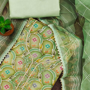 Green Floral Printed Organza Dress Material With Sequins Embroidery & Handwork