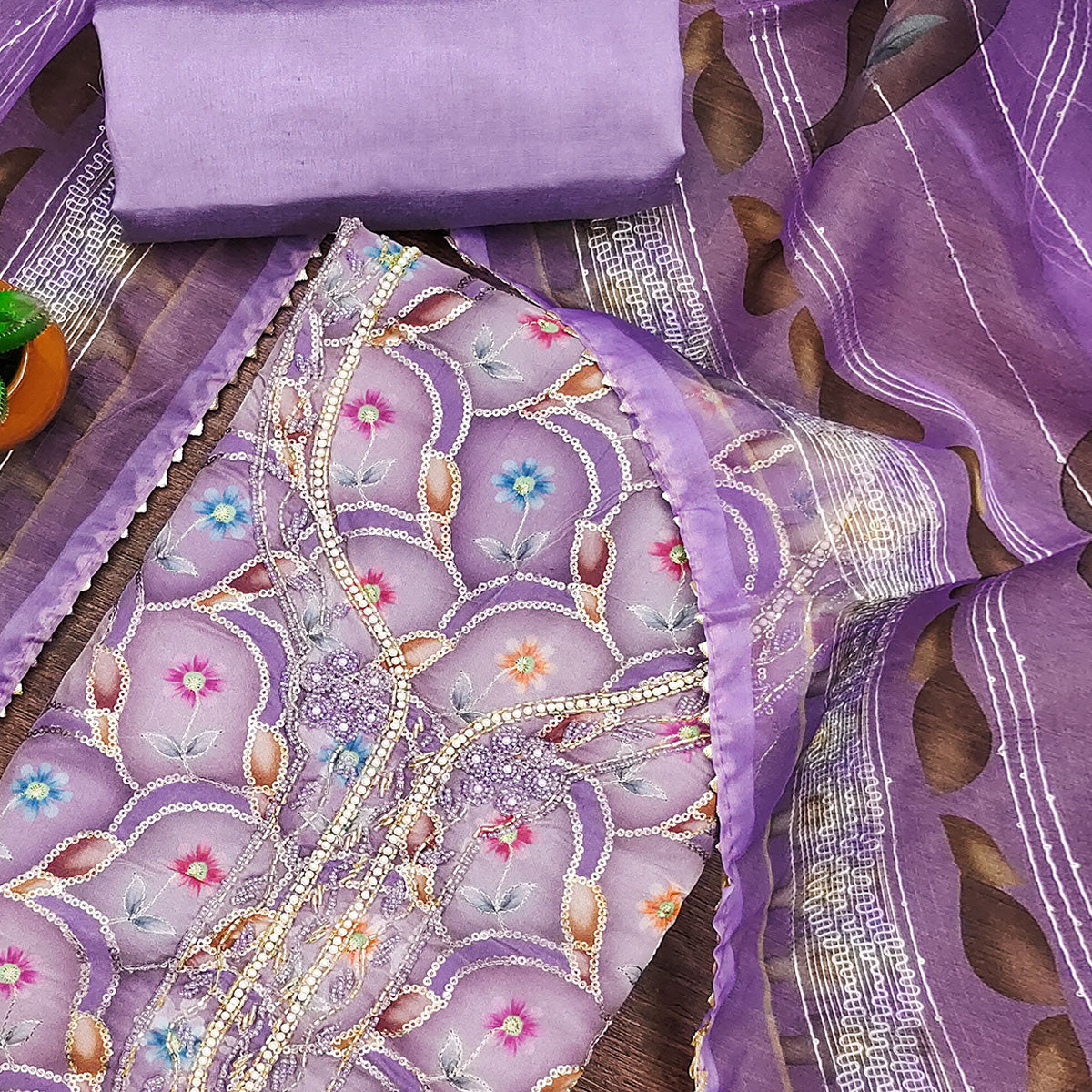 Lavender Floral Printed Organza Dress Material With Sequins Embroidery & Handwork