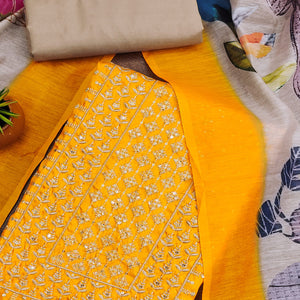 Yellow Floral Sequins Embroidered Cotton Blend Dress Material