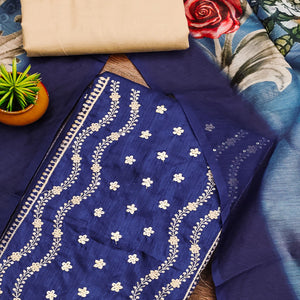 Blue Floral Sequins Embroidered Cotton Blend Dress Material