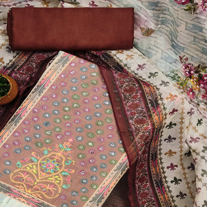 Dark Rust Floral Digital Printed With Diamond Work Organza Dress Material