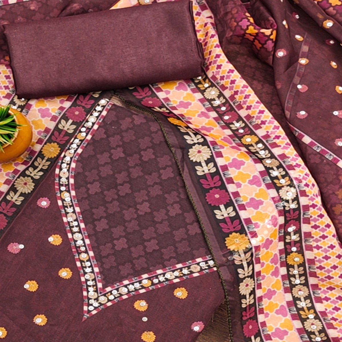 Dark Wine Floral Digital Printed With Diamond Work Organza Dress Material