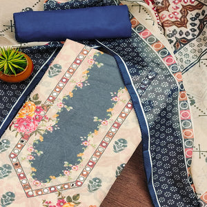 Blue Floral Digital Print With Diamond & Mirror Work Organza Dress Material