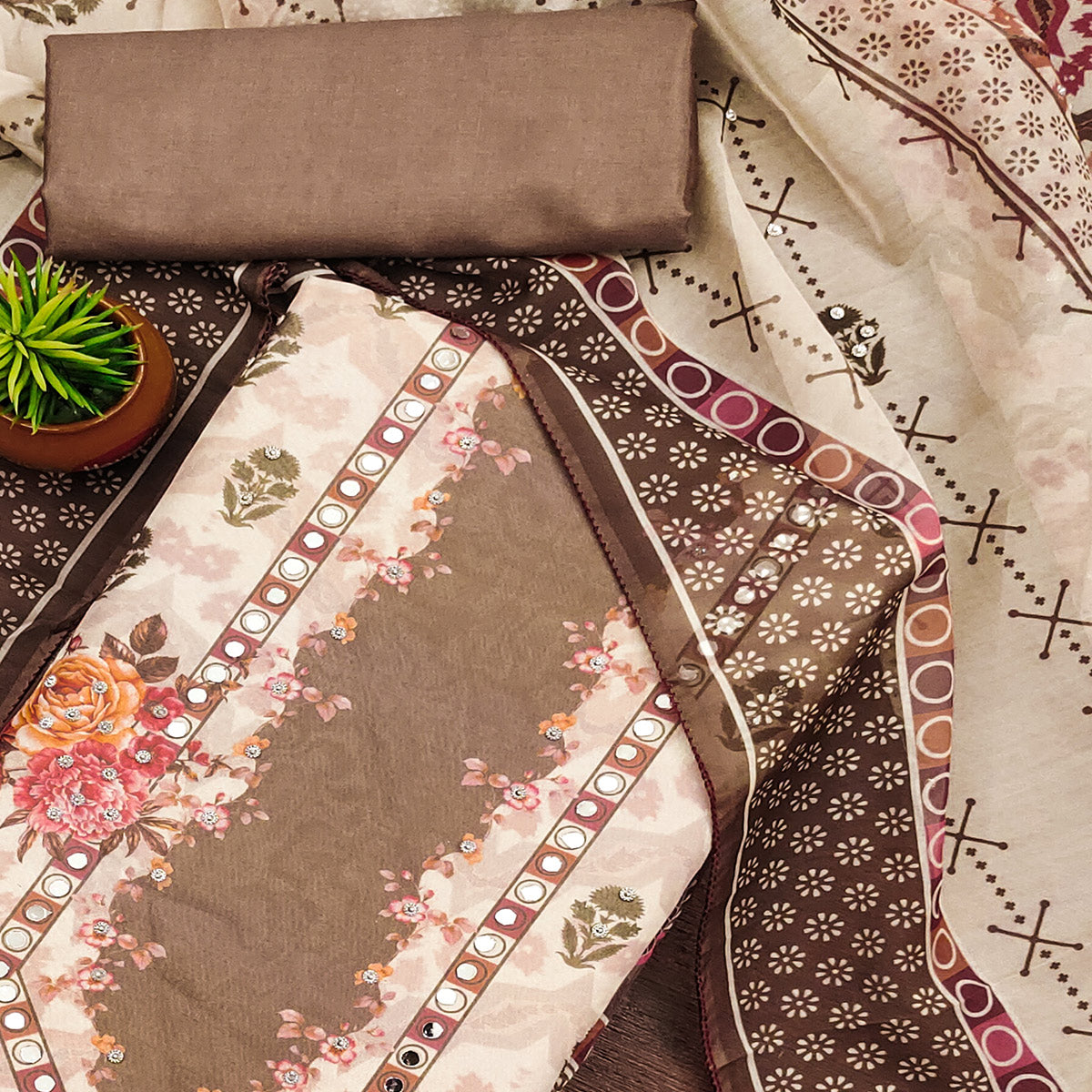 Brown Floral Digital Print With Diamond & Mirror Work Organza Dress Material