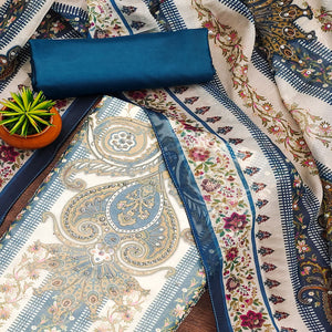 Blue Floral Digital Printed With Diamond Work Organza Dress Material