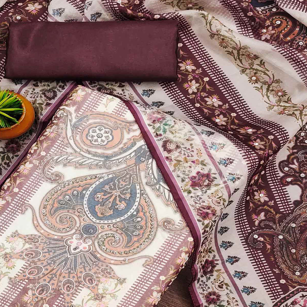 Dark Wine Floral Digital Printed With Diamond Work Organza Dress Material