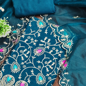 Dazzling Morpich Organza Dress Material with Exquisite Floral Thread & Zari Embroidery