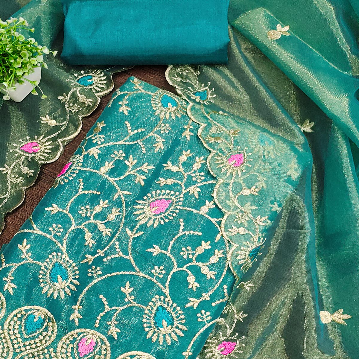 Elegant Rama Blue Organza Dress Material with Exquisite Floral Thread & Zari Embroidery