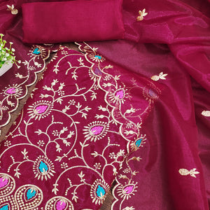 Refreshing Rani Pink Organza Dress Material with Exquisite Floral Thread & Zari Embroidery