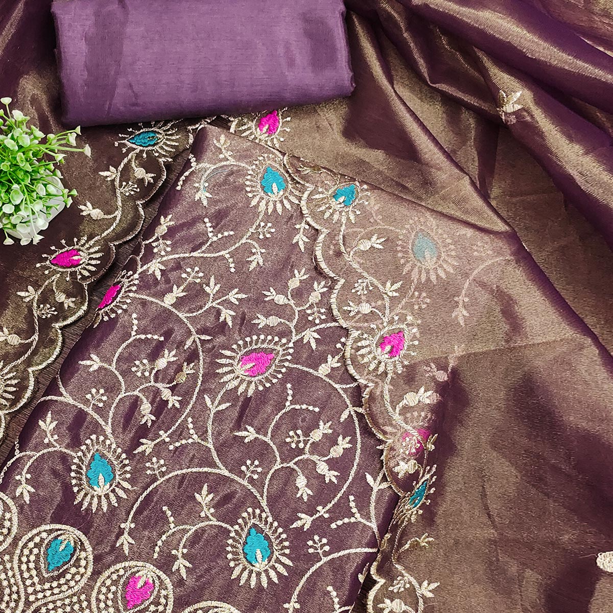 Charming Wine Organza Dress Material with Exquisite Floral Thread & Zari Embroidery