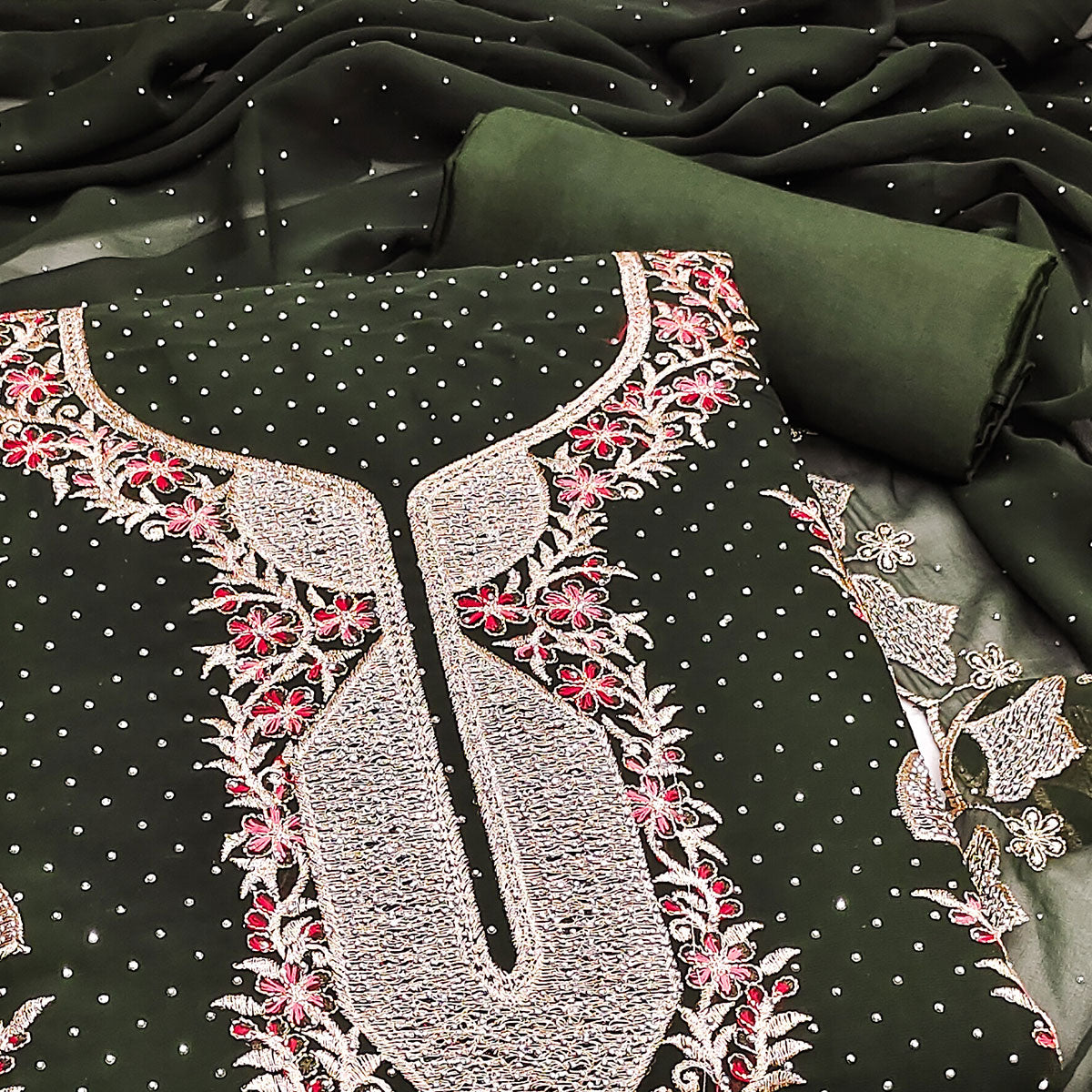 Mehendi Green Georgette Dress Material With Exquisite Floral Embroidery And Stonework