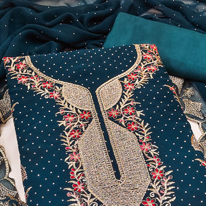 Morpich Blue Georgette Dress Material With Exquisite Floral Embroidery And Stonework