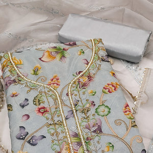 Grey Organza Dress Material With Graceful Floral Print With Handwork Detailing