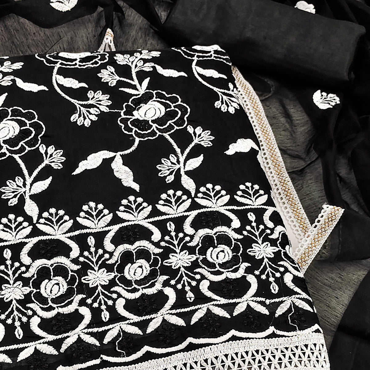 Black Embroidered Chanderi Cotton Suit Fabric with Floral Detailing