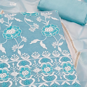 Sky Blue Embroidered Chanderi Cotton Suit Fabric with Floral Detailing