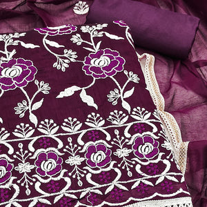 Wine Embroidered Chanderi Cotton Suit Fabric with Floral Detailing