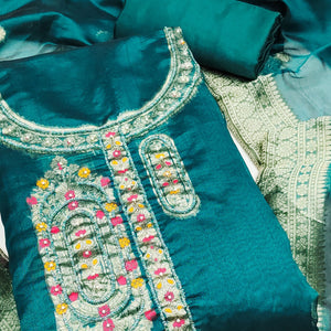 Festive Teal Unstitched Dress Material in Zari Weaving Jacquard