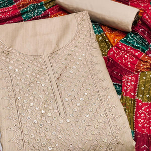 Beige Cotton Blend Suit Material with Soft Floral Embroidery