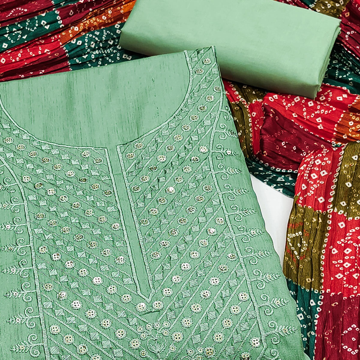 Sea Green Cotton Blend Suit Material with Soft Floral Embroidery