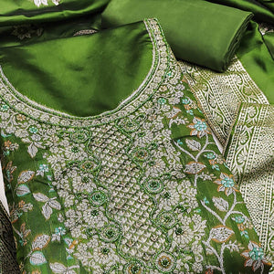 Unstitched Green Jacquard Dress Set with Traditional Zari Weaving