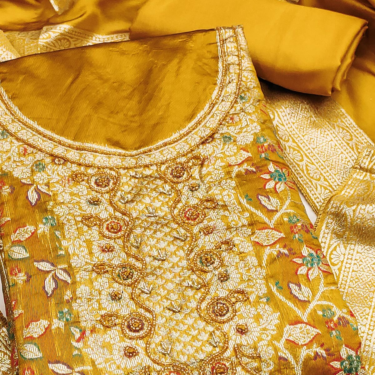 Unstitched Mustard Jacquard Dress Set with Traditional Zari Weaving