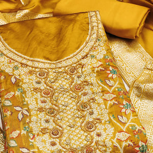 Unstitched Mustard Jacquard Dress Set with Traditional Zari Weaving