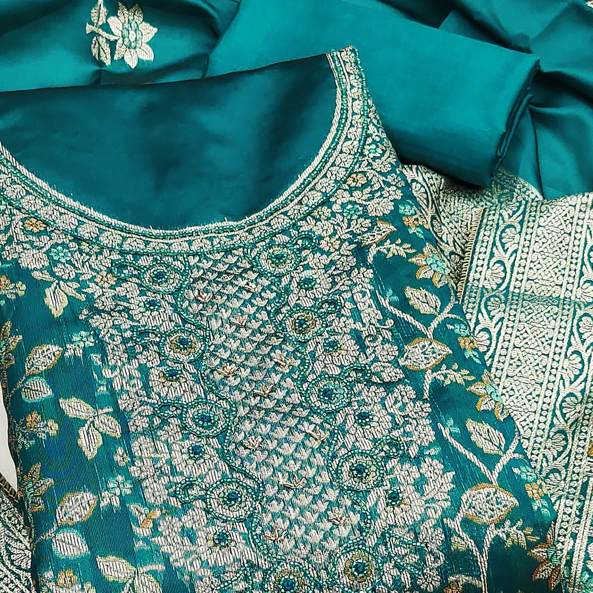 Unstitched Teal Jacquard Dress Set with Traditional Zari Weaving