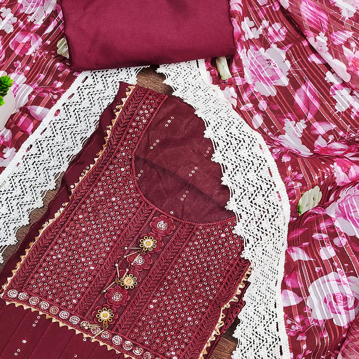 Maroon Cotton Blend Suit Material Enhanced with Sequins Embroidery