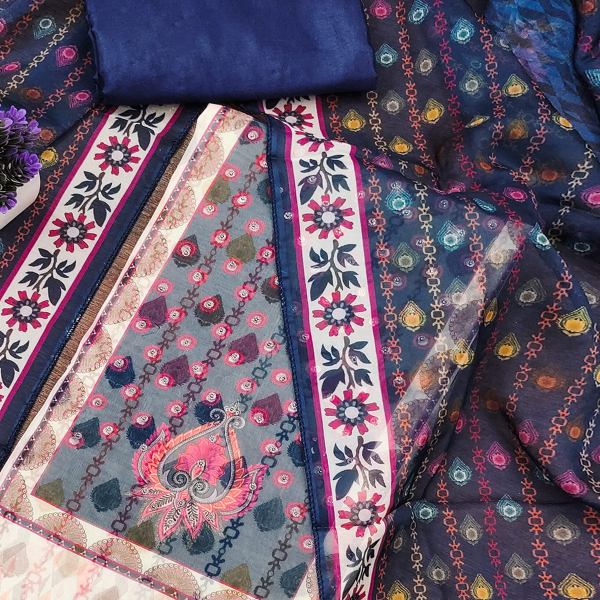 Off-White & Blue Organza Dress Material with Elegant Floral Prints