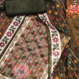 Off-White & Olive Organza Dress Material with Elegant Floral Prints