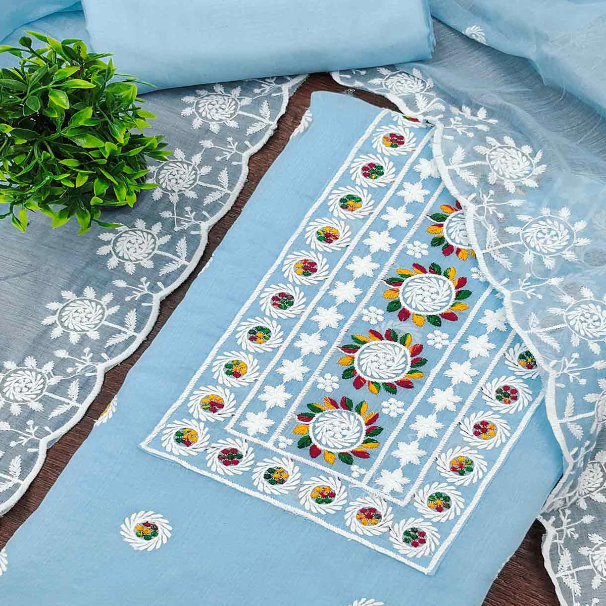 Blue Embroidered Cotton Blend Suit Fabric with Soft Floral Detailing