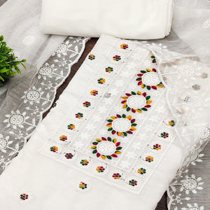 White Embroidered Cotton Blend Suit Fabric with Soft Floral Detailing