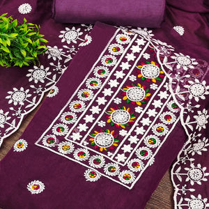 Wine Embroidered Cotton Blend Suit Fabric with Soft Floral Detailing