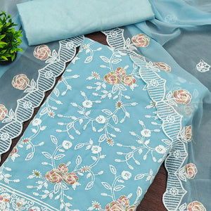 Blue Georgette Dress Material Highlighted With Floral Thread Embroidery