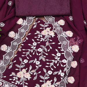 Wine Georgette Dress Material Highlighted With Floral Thread Embroidery