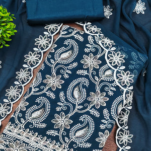 Blue Georgette Dress Material Highlighted With Paisley & Floral Thread Embroidery