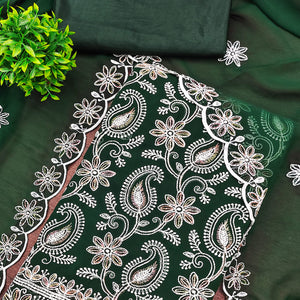 Green Georgette Dress Material Highlighted With Paisley & Floral Thread Embroidery