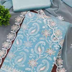 Sky Blue Georgette Dress Material Highlighted With Paisley & Floral Thread Embroidery