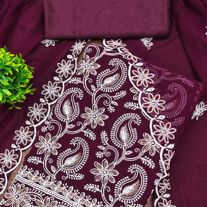 Wine Georgette Dress Material Highlighted With Paisley & Floral Thread Embroidery